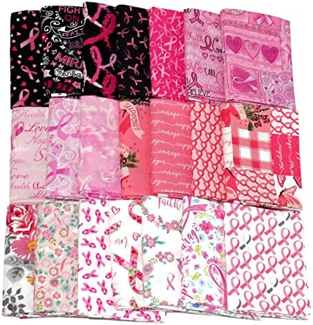 10 Fat Quarters – Cintas rosas para concientización sobre el cáncer de mama, sobrevivientes, corazones, calidad floral, telas de algodón, paquete