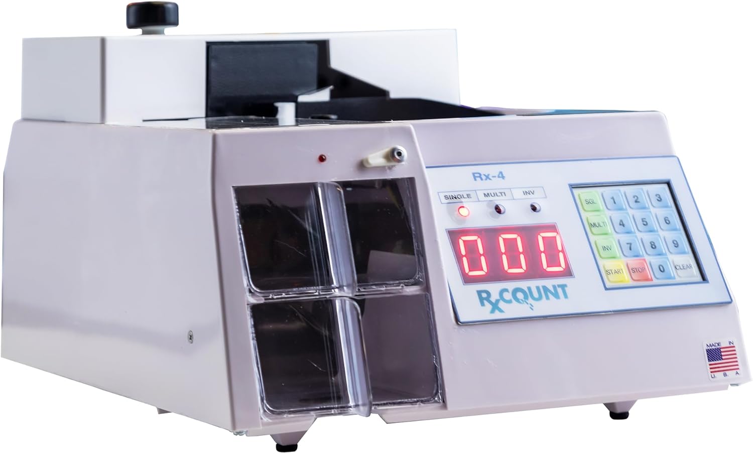 Rx-4 Máquina automática de conteo de píldoras – Contador farmacéutico de mesa digital compacto para farmacias, médicos y veterinarios.