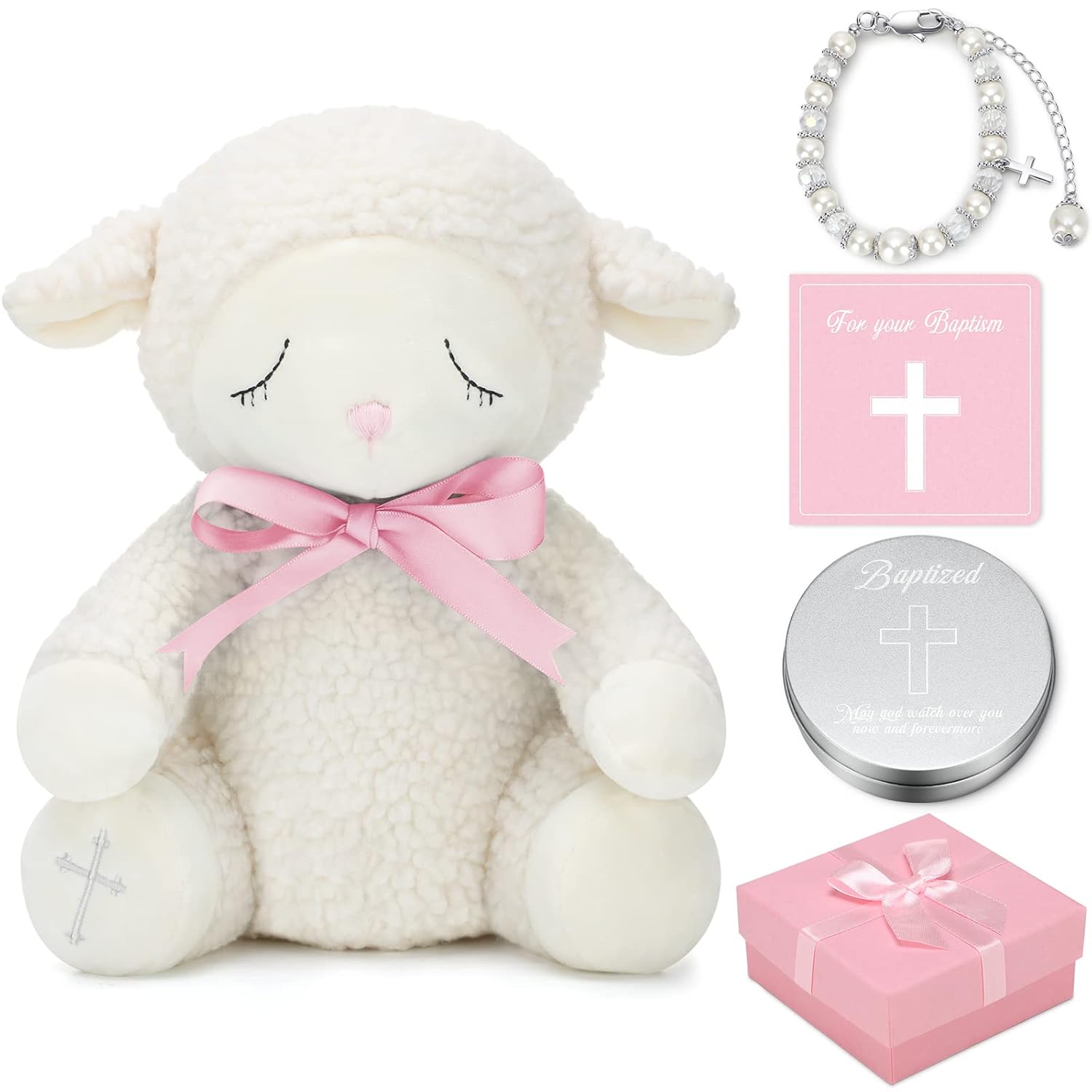 5 piezas de regalos de bautismo para niñas incluyen tarjeta de poesía de felpa de cordero de 8.5 pulgadas con caja de regalo, pulsera de bautismo