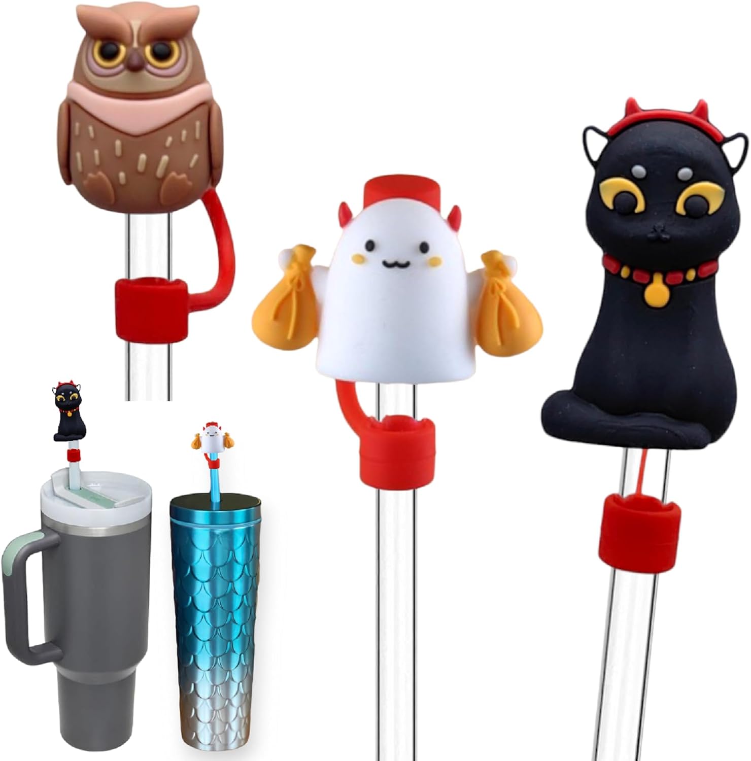 3 fundas para pajitas de 0.315 in y 0.394 in, lindo adorno de paja de gato para vasos Stanley, puntas de popote de silicona de búho para popotes de