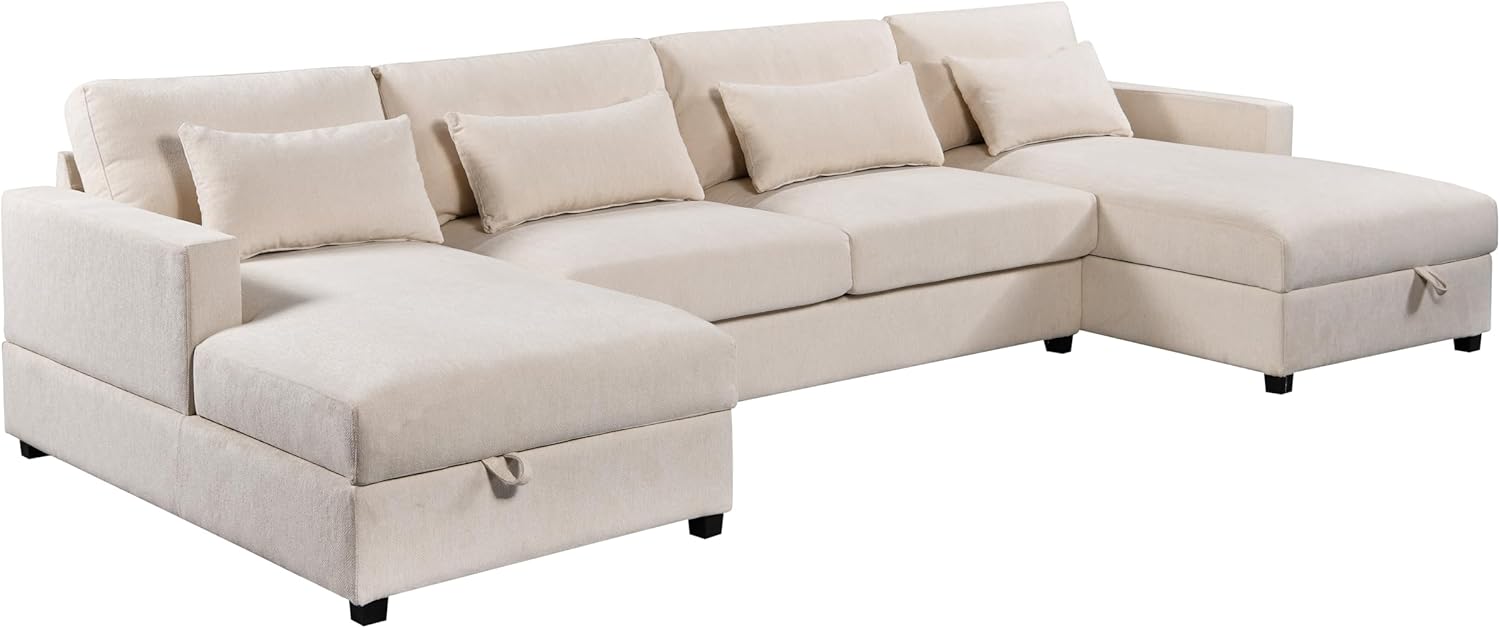 Sofá modular grande moderno en forma de U de 128.3 pulgadas con 4 almohadas de apoyo lumbar, 2 tumbonas grandes con espacio de almacenamiento,