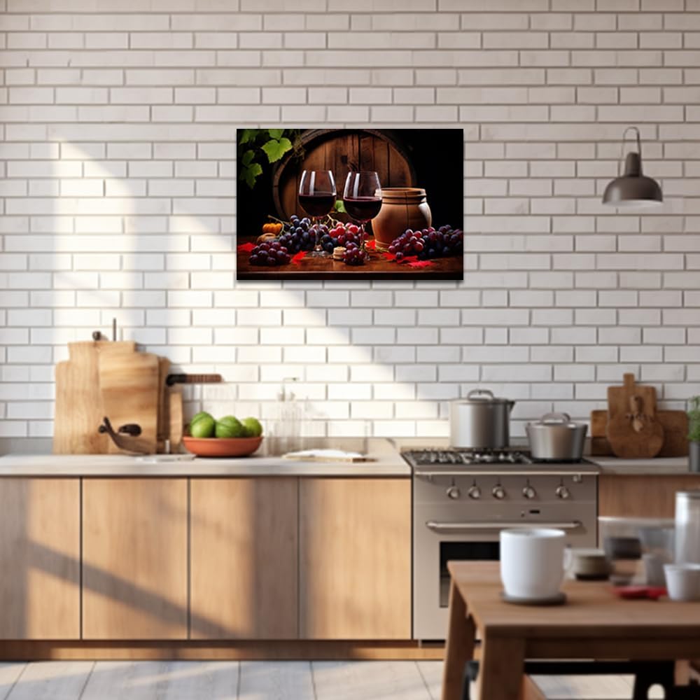 QIXIANG Cuadro de vino tinto para decoración de pared, diseño de barril de madera de uva, vino, impresiones en lienzo para decoración de