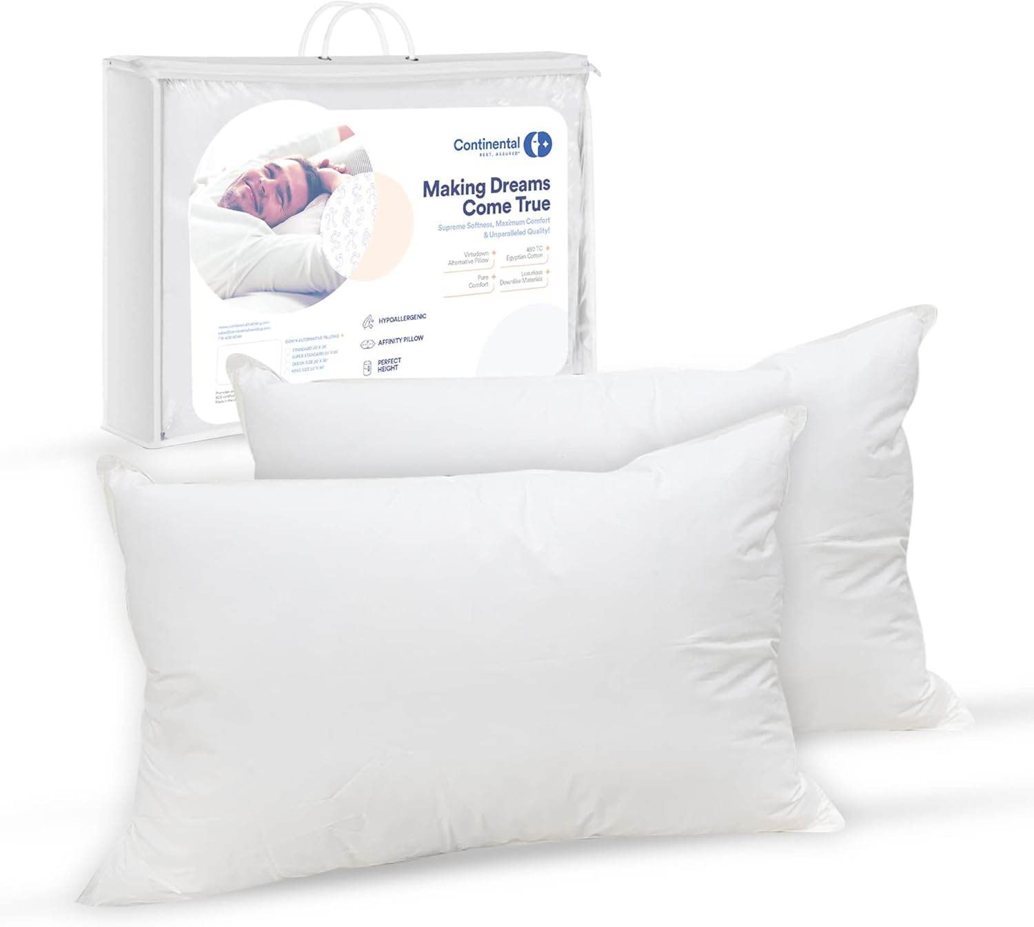 Continental Bedding Downlike – Almohada de cama alternativa, tamaño King (paquete de 2), color blanco, 2 unidades