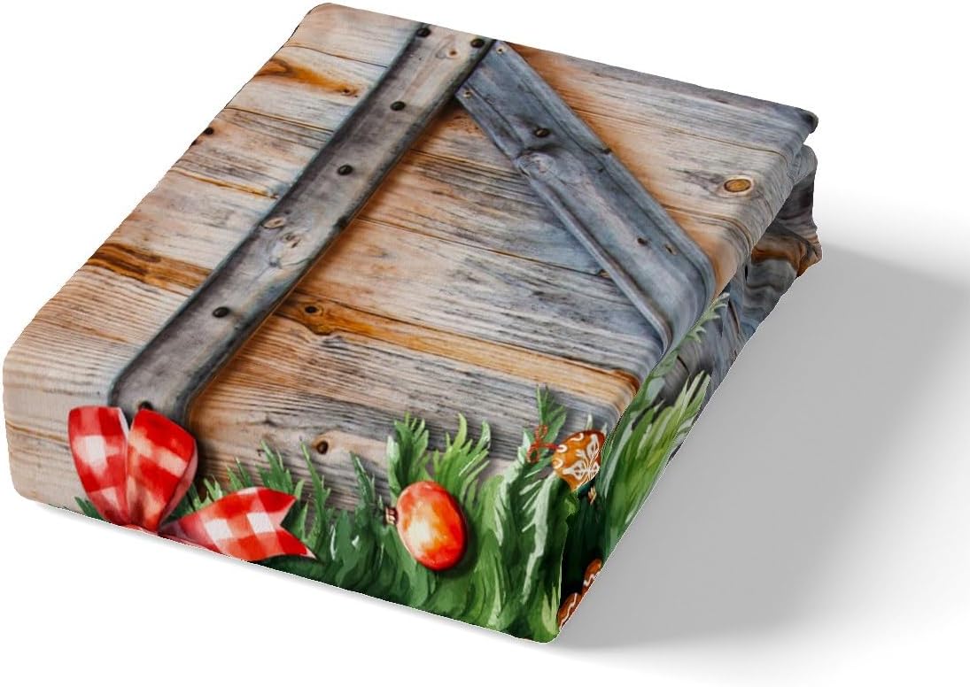 Manfei Juego de funda de edredón para niños con árboles de Navidad, tamaño King, juego de ropa de cama rústica con puerta de madera estilo granero,