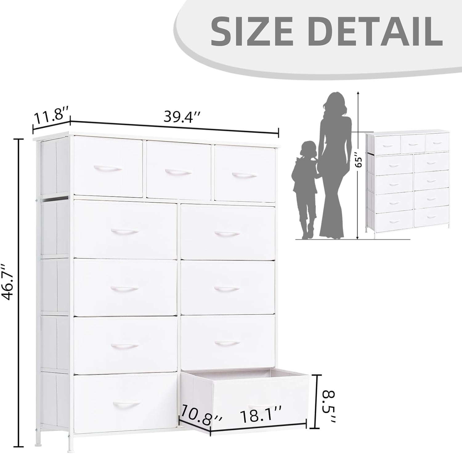 Somdot Cómoda para dormitorio con 11 cajones, amplia cómoda organizadora de almacenamiento con contenedores de tela para armario, mesita de noche,