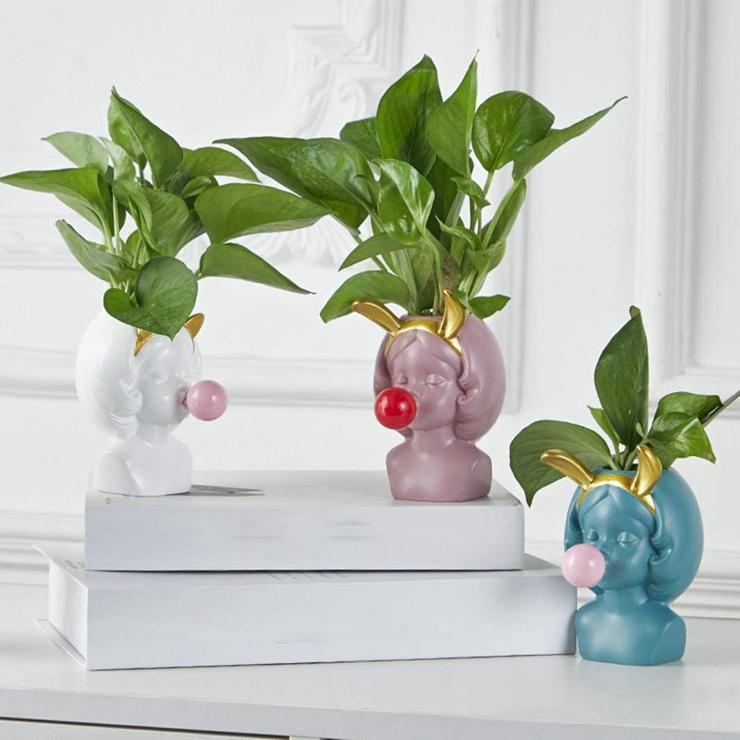 Pequeño florero de resina nórdica linda chica chicle estatua figura suculenta planta maceta moderna decoración del hogar soporte para bolígrafo