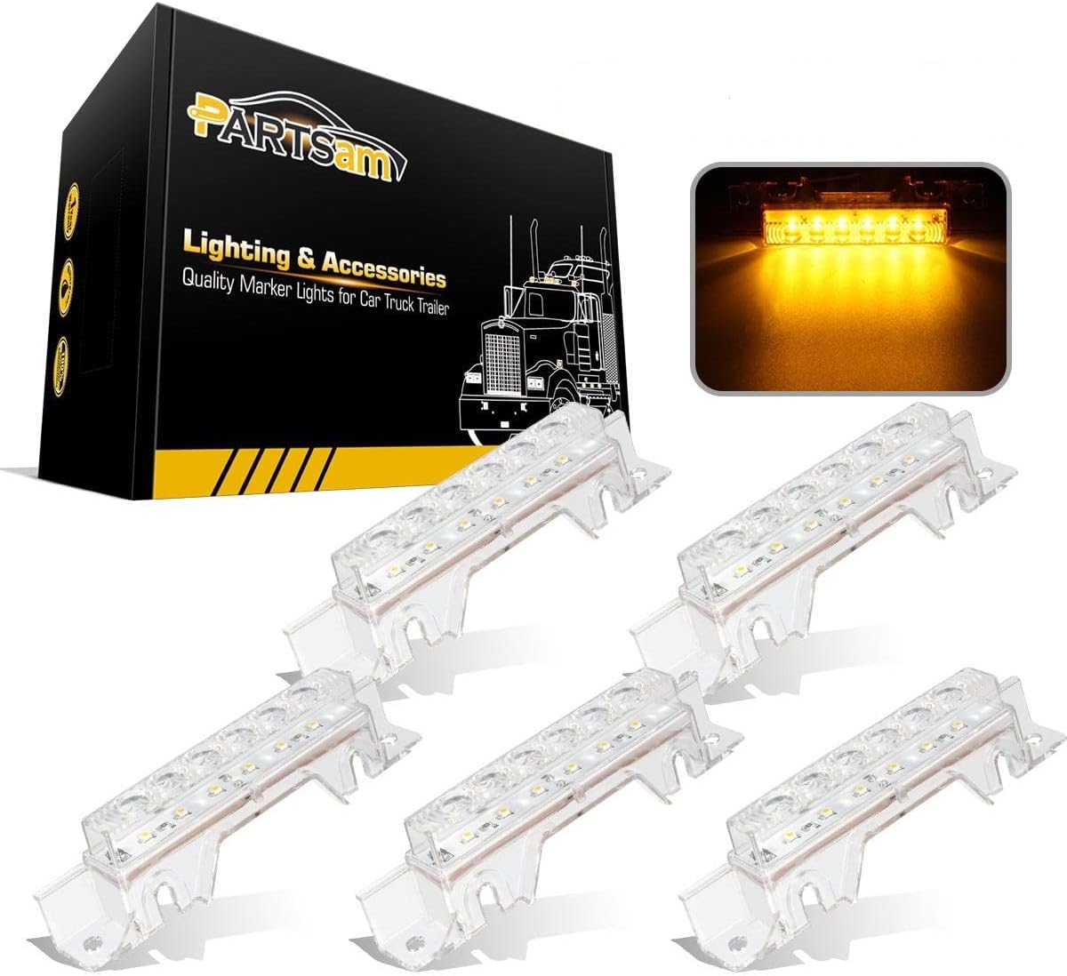 Partsam 5 piezas de lente transparente 6 LED ámbar cabina luz camión remolque cabina superior techo marcador luz impermeable luces reflectantes