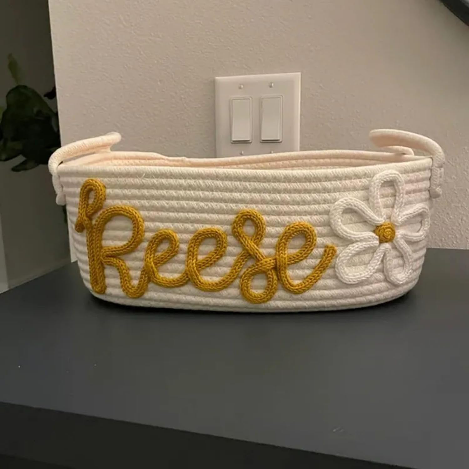 Custom Baby Name Basket, Baby Shower Gift Basket, Diaper Caddy For Baby Girl-Cotton Rope Diaper Caddy,Diaper Organizer For Changing Table (Option 1)