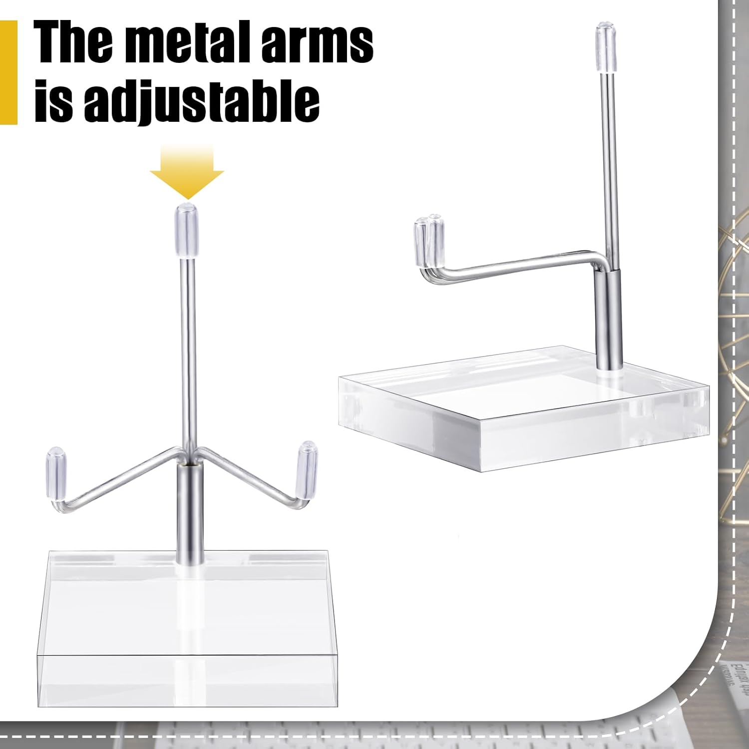 4 piezas de soporte de exhibición de brazo de metal ajustable con base acrílica, soporte de caballete de exhibición de roca, caballete acrílico,