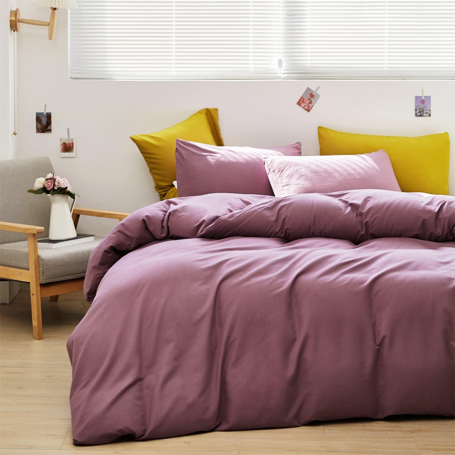 Wellboo – Juego de edredón de tamaño Queen para mujeres y niñas, color morado polvoriento y morado malva liso, ropa de cama de algodón para