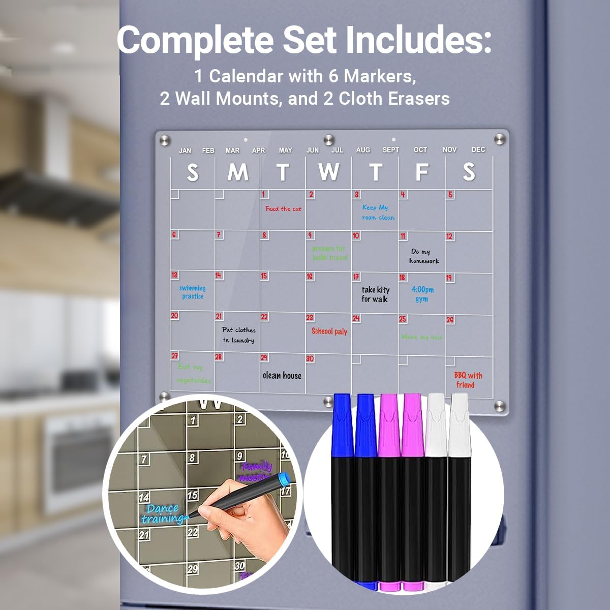 EmGi Calendario mensual magnético acrílico de borrado en seco para refrigerador, juego transparente con 6 imanes, 6 marcadores, soportes de pared, 2