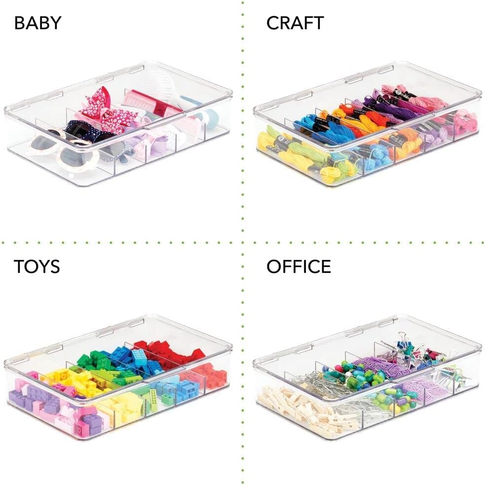 mDesign Caja organizadora apilable de plástico dividida para cabello, maquillaje y joyas con tapa de bisagra para encimera de tocador de baño, 5