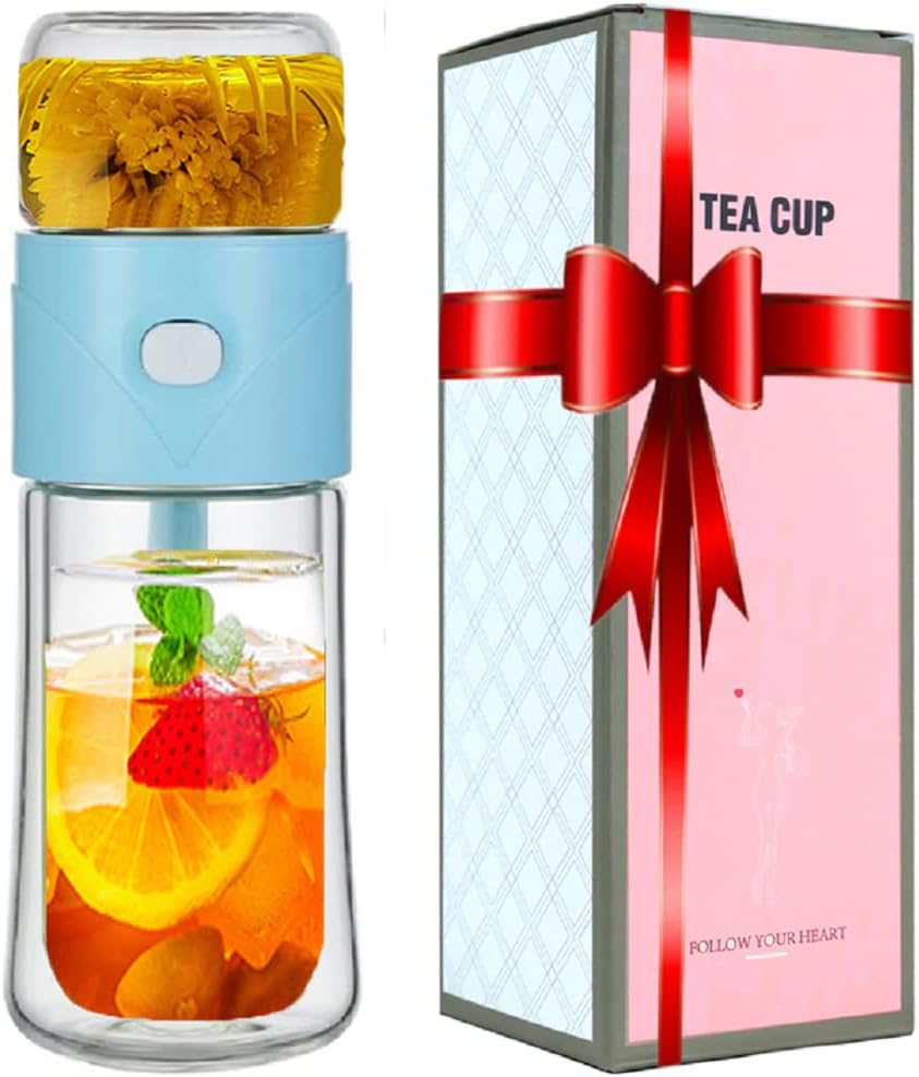 Botella infusora de té de vidrio, vaso de té con infusor, vaso portátil de vidrio de borosilicato de doble pared, botella de agua de vidrio de 11.8
