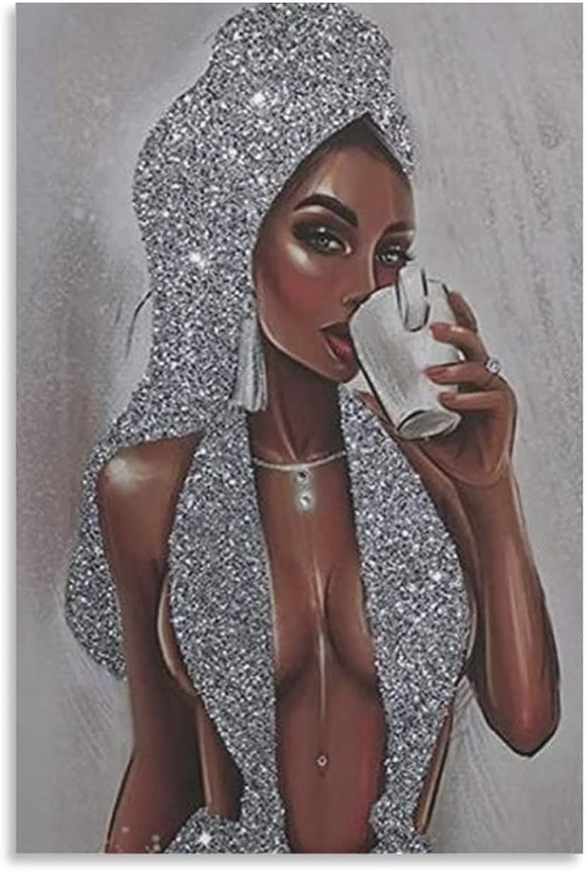 Pósteres afroamericanos con purpurina negra y plateada, arte de pared de niña negra, pósteres e impresiones artísticas de pared para sala de estar,
