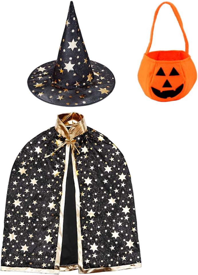 Jackcell Capa de bruja de mago con sombrero y bolsa de calabaza, accesorios de disfraz de Halloween para fiestas de cosplay de niños