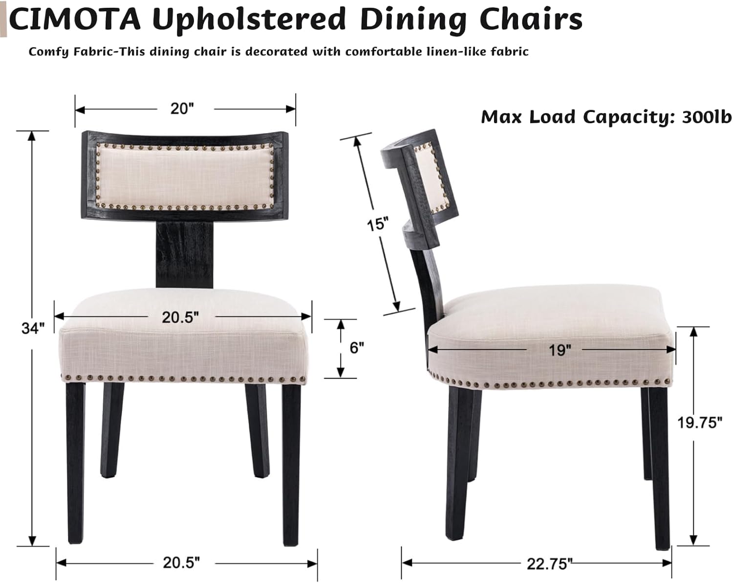 CIMOTA Sillas de comedor tapizadas, sillas de cocina y comedor, silla auxiliar moderna de mediados de siglo sin brazos con marco de madera negra