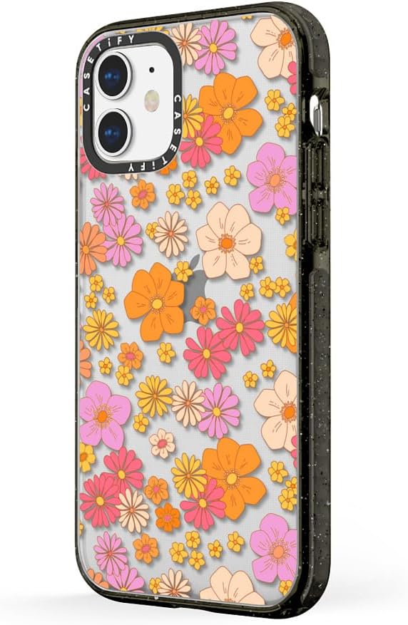 CASETiFY Impact – Funda para iPhone 11, diseño retro bohemio de flores hippie (6070 con diseño floral sobre fondo transparente), color negro