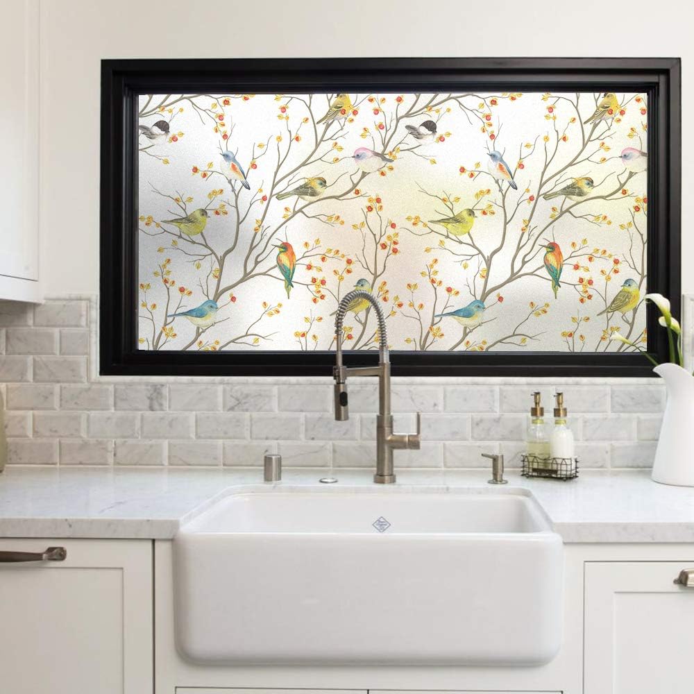 DKTIE Película decorativa para ventana de privacidad con herramientas de instalación, película de vidrio esmerilado de pájaro esmerilado,