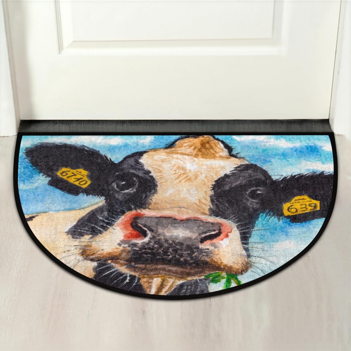 Tapete medio redondo para puerta de animal lechero, antideslizante, para entrada de bienvenida al aire libre, absorbente, lavable, para interiores y