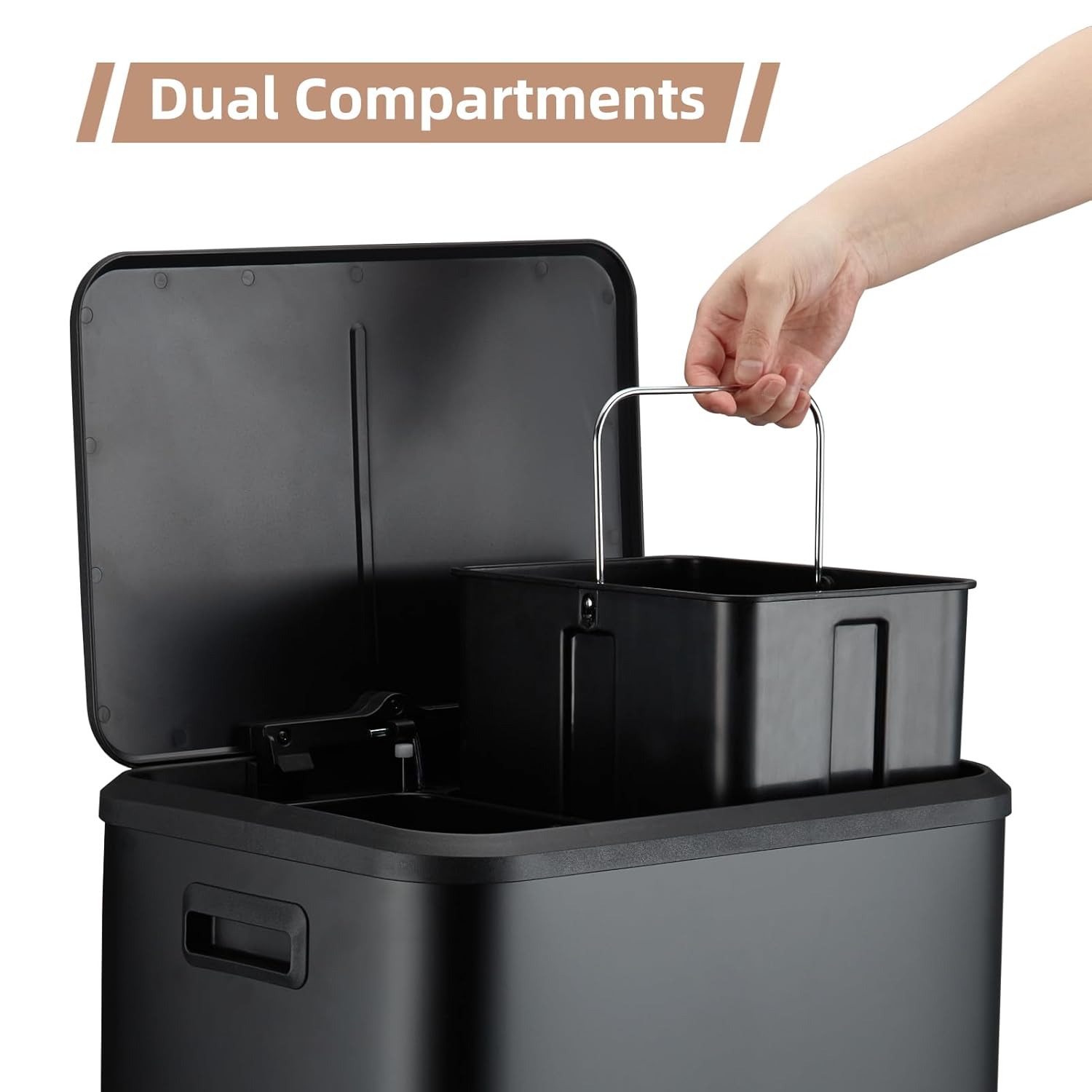 GAOMON Bote de basura, 2 botes de basura dobles de 4 galones y cubo de reciclaje, 2 compartimentos, incluye 2 cubos interiores extraíbles, tapa de