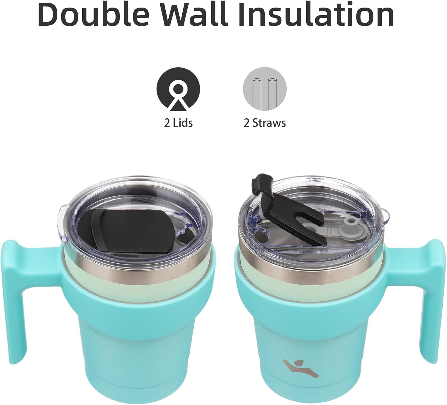 Konokyo Vaso de 10 onzas con asa y 2 pajillas, 2 tapas, botella de agua aislada de acero inoxidable al vacío, taza reutilizable para viaje, menta