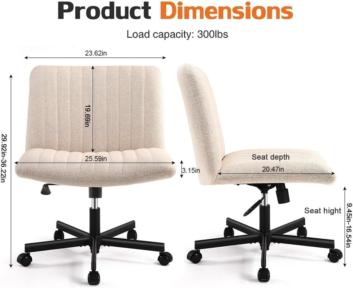 HomVent Silla moderna de escritorio de oficina ancha sin brazos, silla cruzada de maquillaje de tocador con ruedas, silla giratoria ergonómica