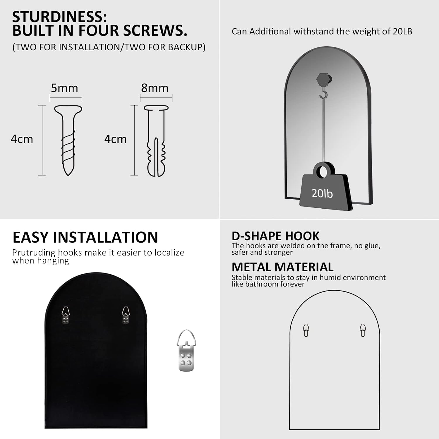 HOWOFURN Espejo de pared arqueado de 20 x 30 pulgadas, decoración de pared, con espejo de marco de metal para baño, dormitorio, entrada, espejo de