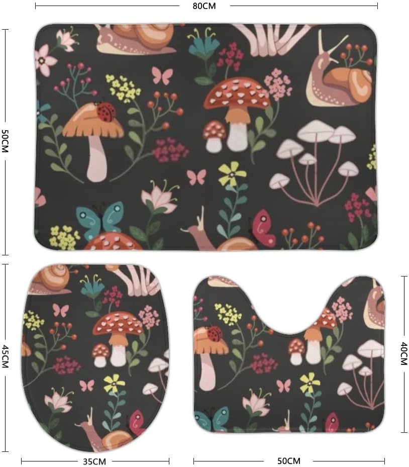 Hapuxt Juego de tapetes de baño antideslizantes, incluye tapete de contorno en forma de U, funda para asiento de inodoro, setas, caracoles, flores