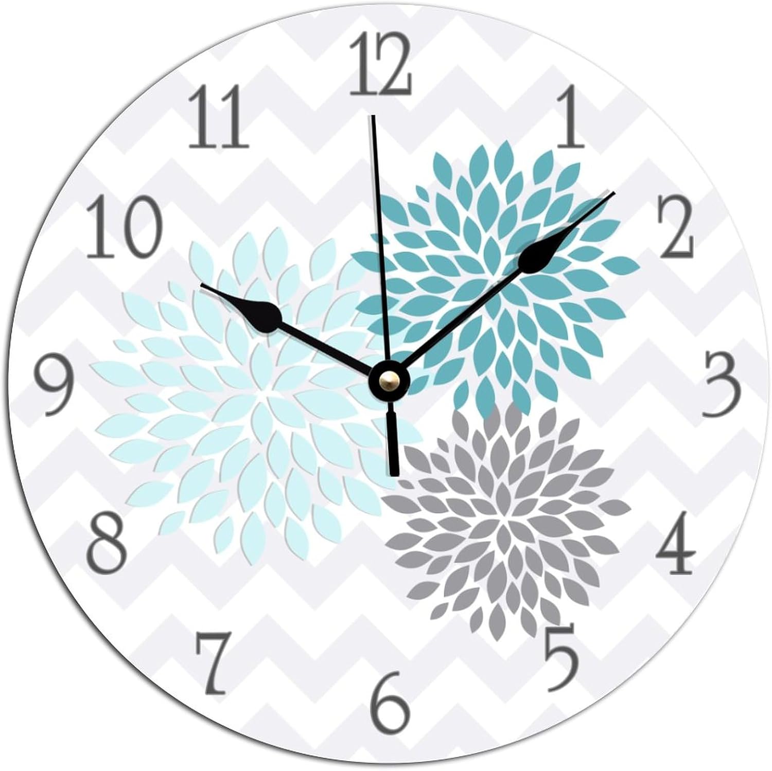 ArogGeld Reloj de pared decorativo con flores de dalia gris aguamarina y verde azulado, funciona con pilas, relojes silenciosos de madera con flores
