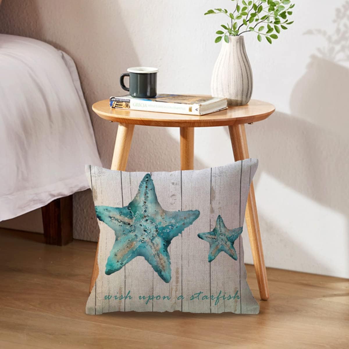 Fundas de almohada con temática de océano de verano, diseño de estrellas de mar de grano de madera, hipocampo con citas, fundas de almohada
