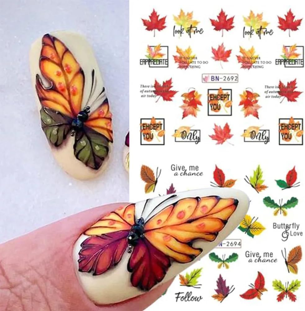 Calcomanías de arte de uñas de otoño, suministros de uñas de transferencia de agua de otoño, calcomanías de uñas con diseño de calabazas, ginkgo y