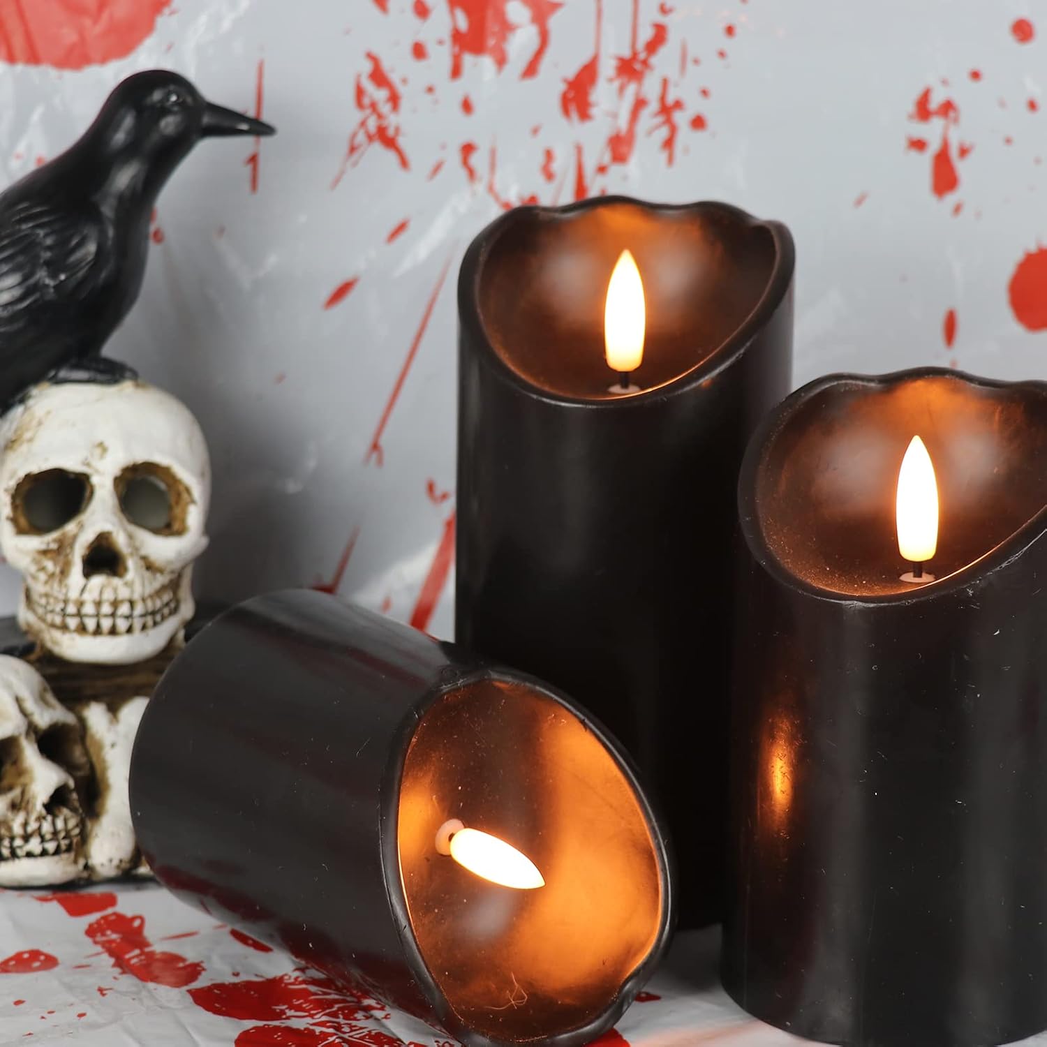 Eldnacele Velas parpadeantes sin llama de cera negra con temporizador de 6 horas, mecha 3D realista, funciona con pilas, juego de 3 velas LED para