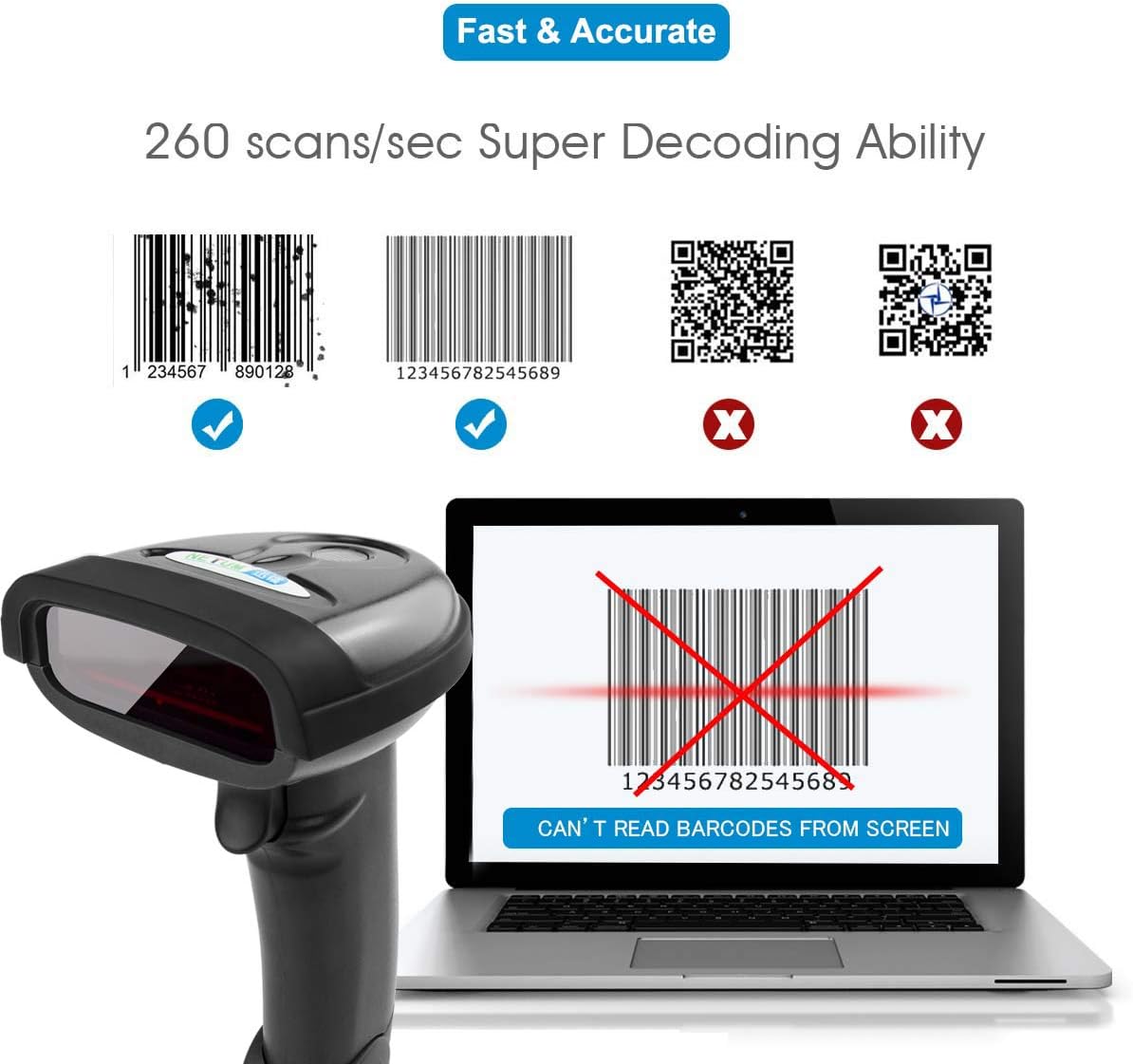 NETUM Escáner de código de barras inalámbrico, 2 en 1 2.4G inalámbrico y USB con cable 1D, lector de código de barras de mano, lector de código de