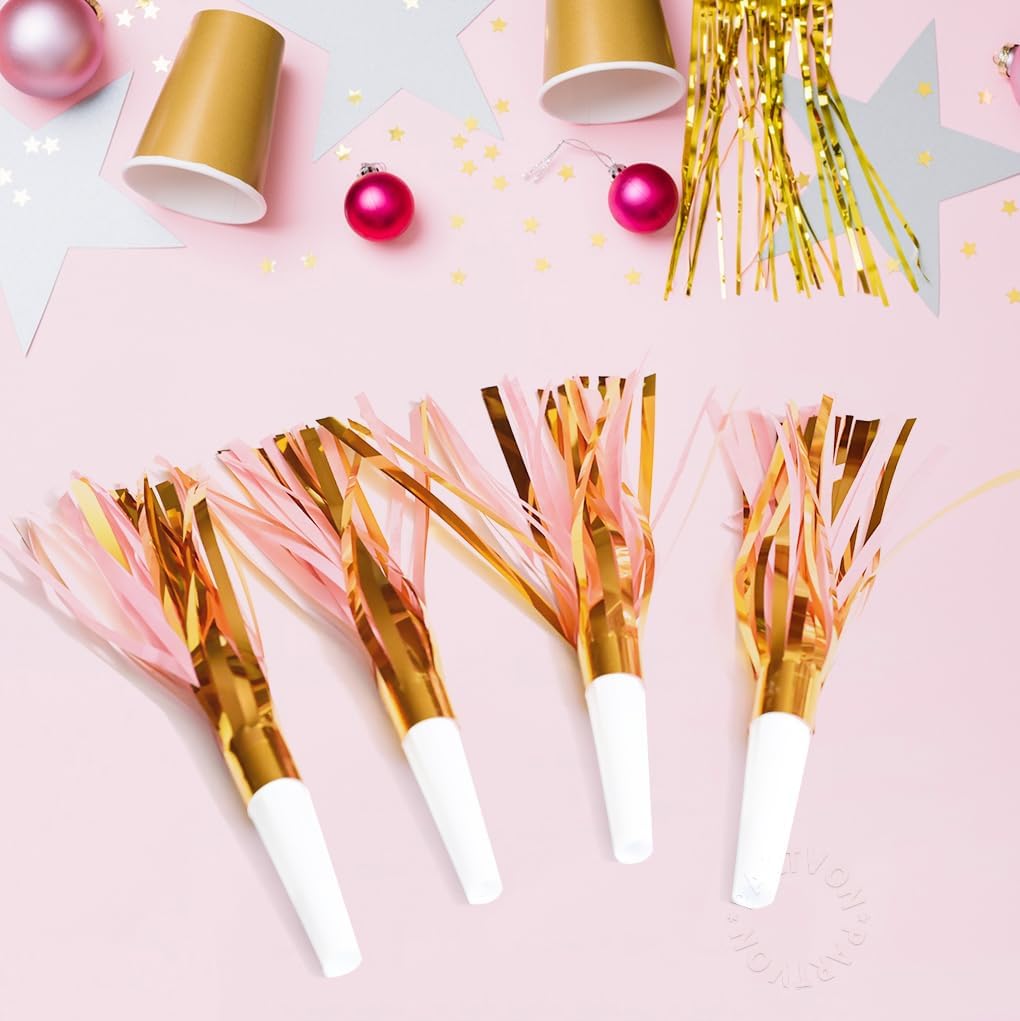 24 piezas de purpurina metálica con flecos, color dorado y rosa, soplador de fiesta con flecos para niños y adultos, cumpleaños, baby shower,