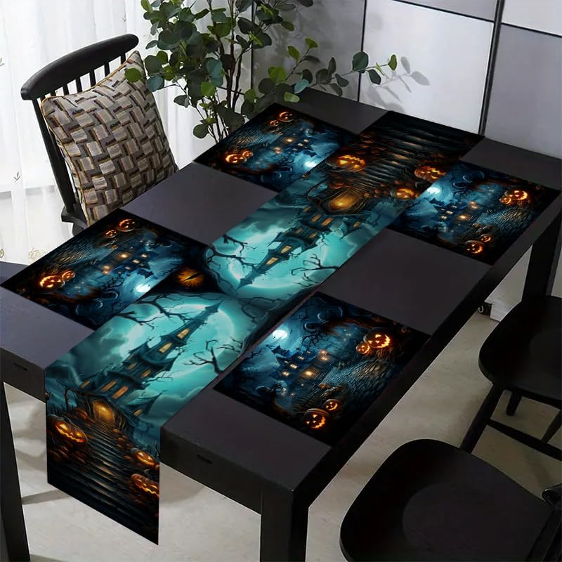 Manteles individuales de Halloween, juego de 6 manteles individuales de Halloween, bosque terrorífico, bosque oscuro, noche gótica, decoración de