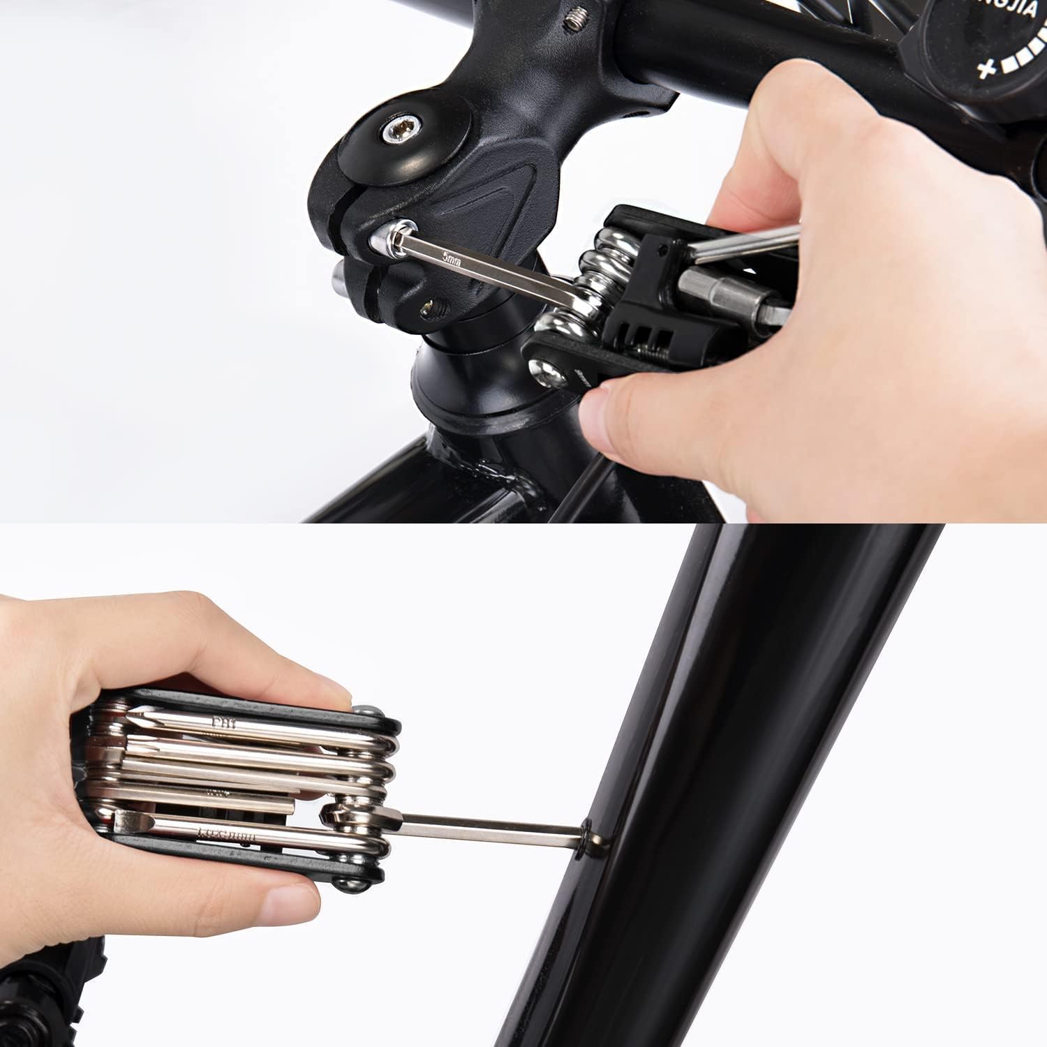 WOTOW Kit de herramientas de reparación de bicicletas y bolsa de sillín de bicicleta, herramienta de cadena de bicicleta 14 en 1, llave hexagonal,
