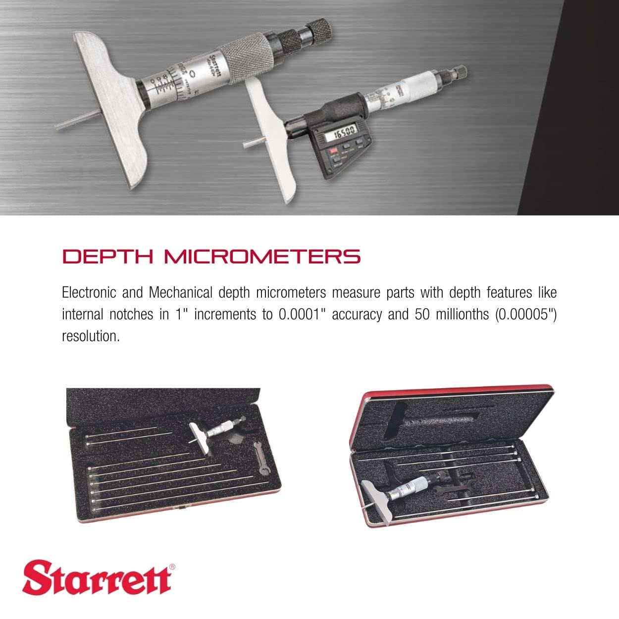 Starrett Medidor de profundidad micrómetro con tuerca de bloqueo moleteada tipo anillo, trinquete combinado y acelerador – Ajuste rápido y fácil,