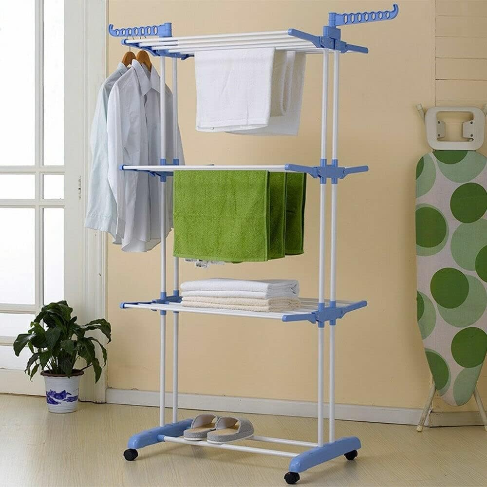 Tendedero plegable de 3 niveles para secadora de ropa, soporte ajustable con 6 bandejas plegables, 2 alas laterales adicionales, fácil almacenamiento