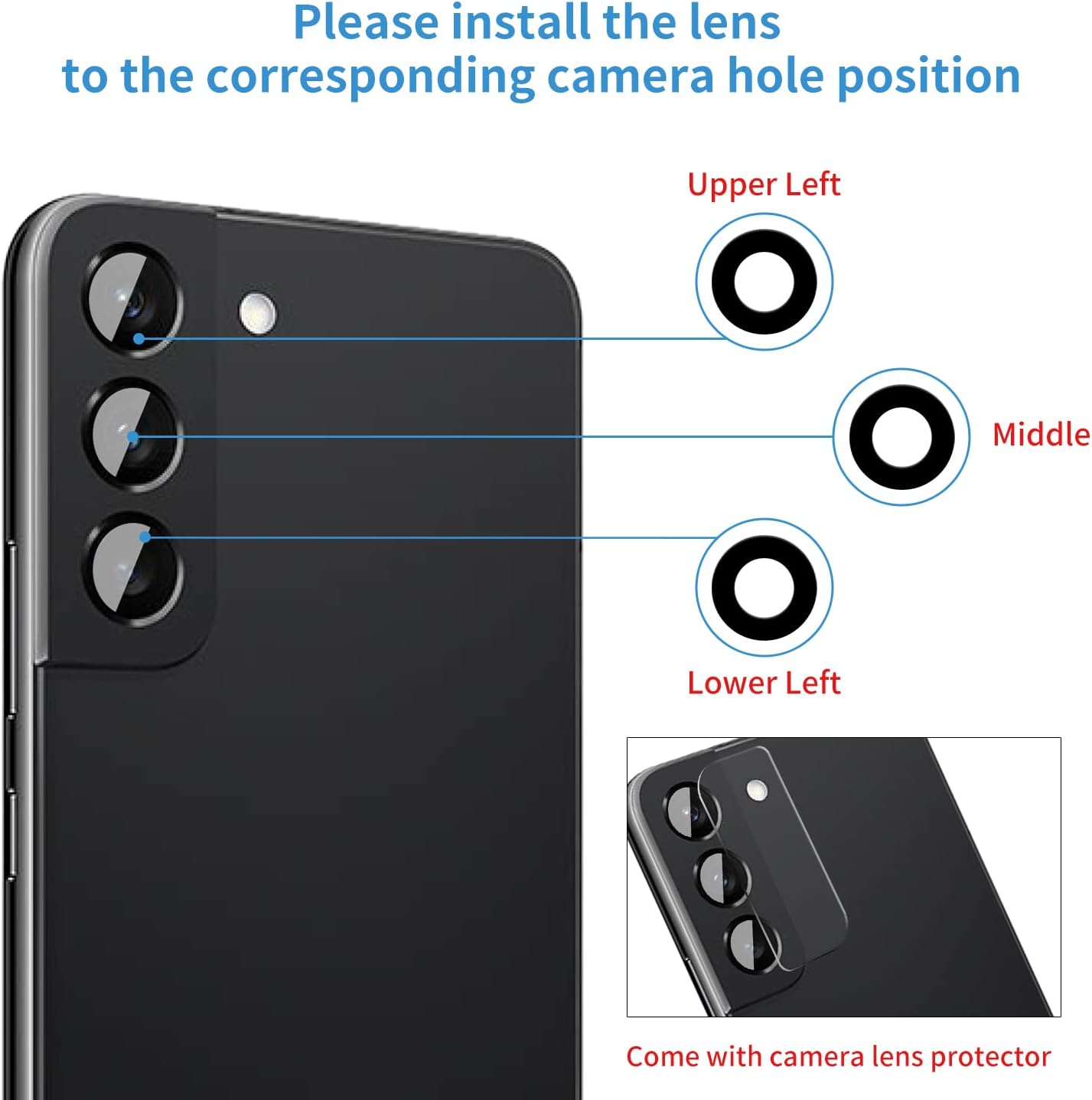 Senpinkboo Paquete de 2 lentes de repuesto para cámara trasera para Samsung Galaxy S22S22 Plus con adhesivo preinstalado, incluye juego de