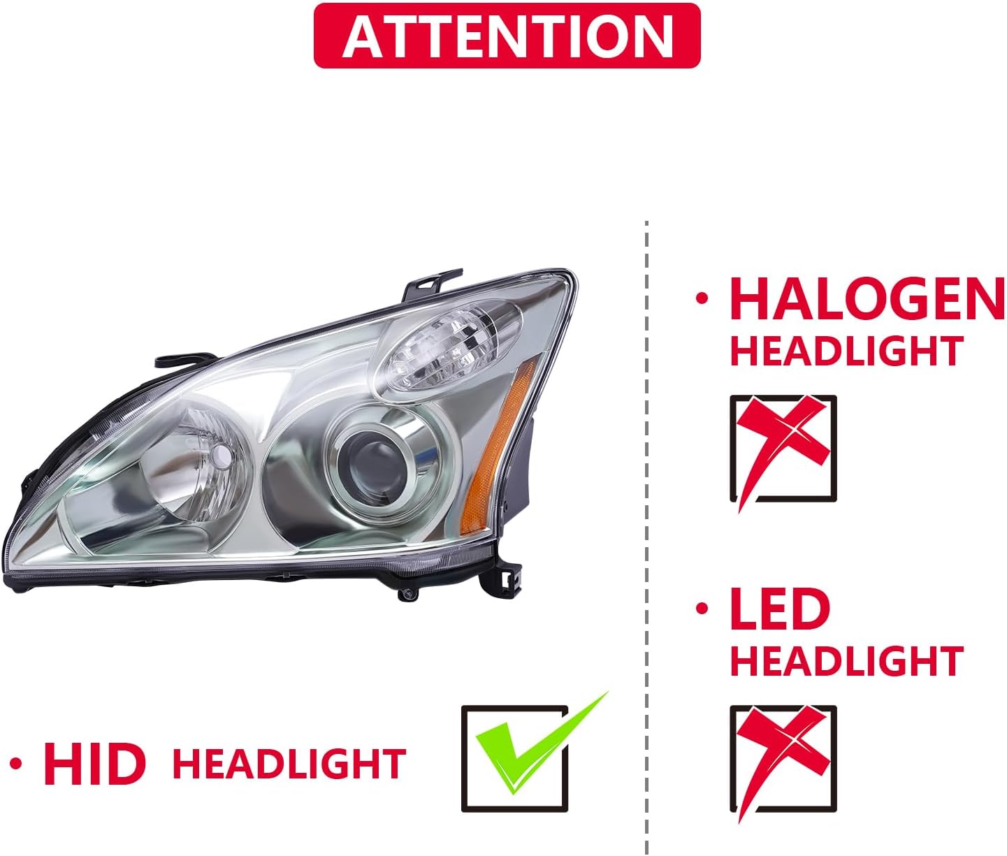 Faro delantero HID+ Conjunto de faros halógenos carcasa cromada con lente transparente compatible con Lexxuus RX330 RX350 RX400h 2004-2009 (lado