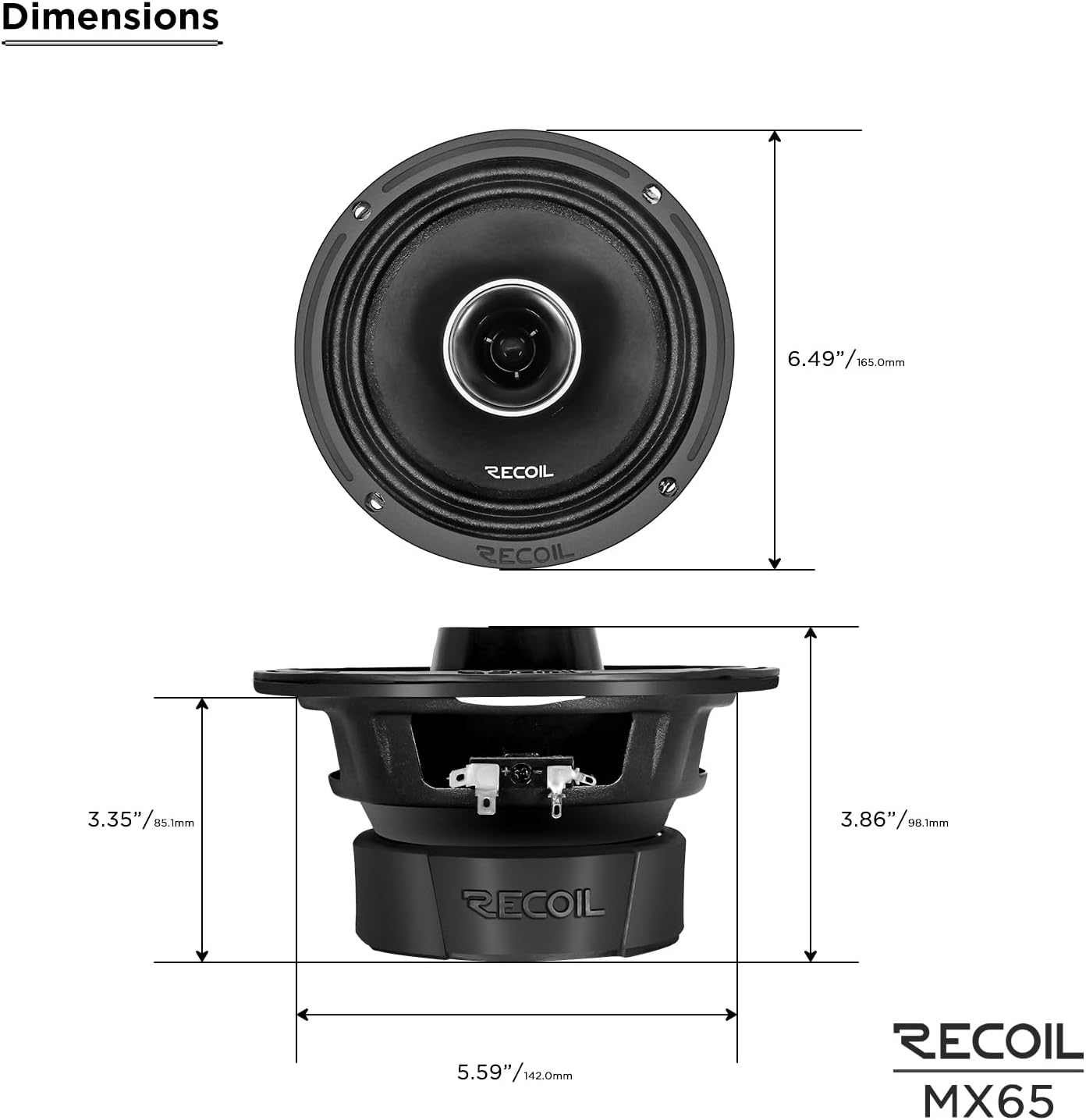 RECOIL MX65 Par de altavoces coaxiales de rango medio de 6.5 pulgadas de audio profesional de 2 vías con tweeters de bala incorporados 560 vatios