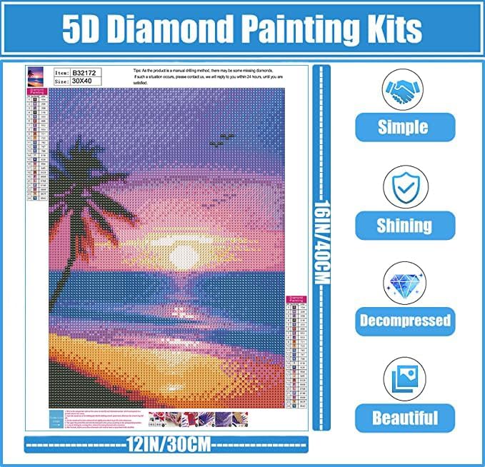 QUITEDEW Pintura de diamantes de playa, kits de arte de diamantes de paisaje para adultos, kits de pintura de diamantes de puesta de sol para