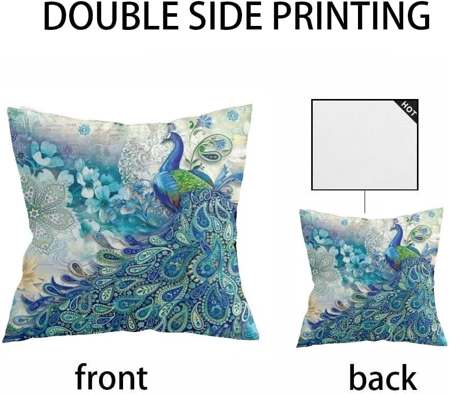 Juego de 2 fundas de almohada de pavo real verde azulado, acuarela azul turquesa vintage pavo real, regalos de pavo real, fundas de almohada