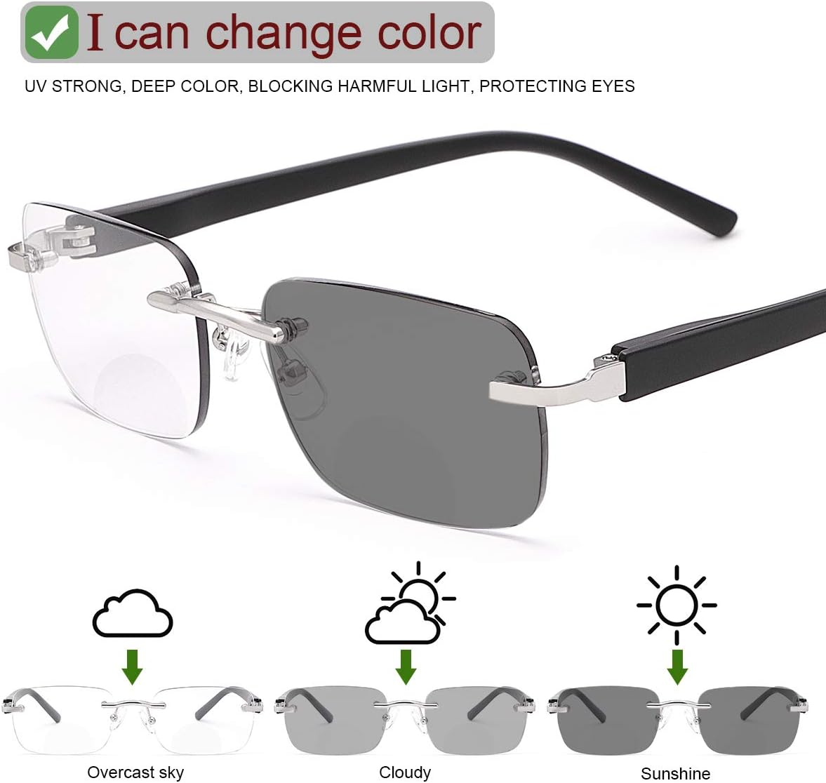 YIMI Lentes de lectura bifocales fotocromáticos, bisagra de resorte, protección UV, lectores solares, antifatiga ocular, para hombres y mujeres