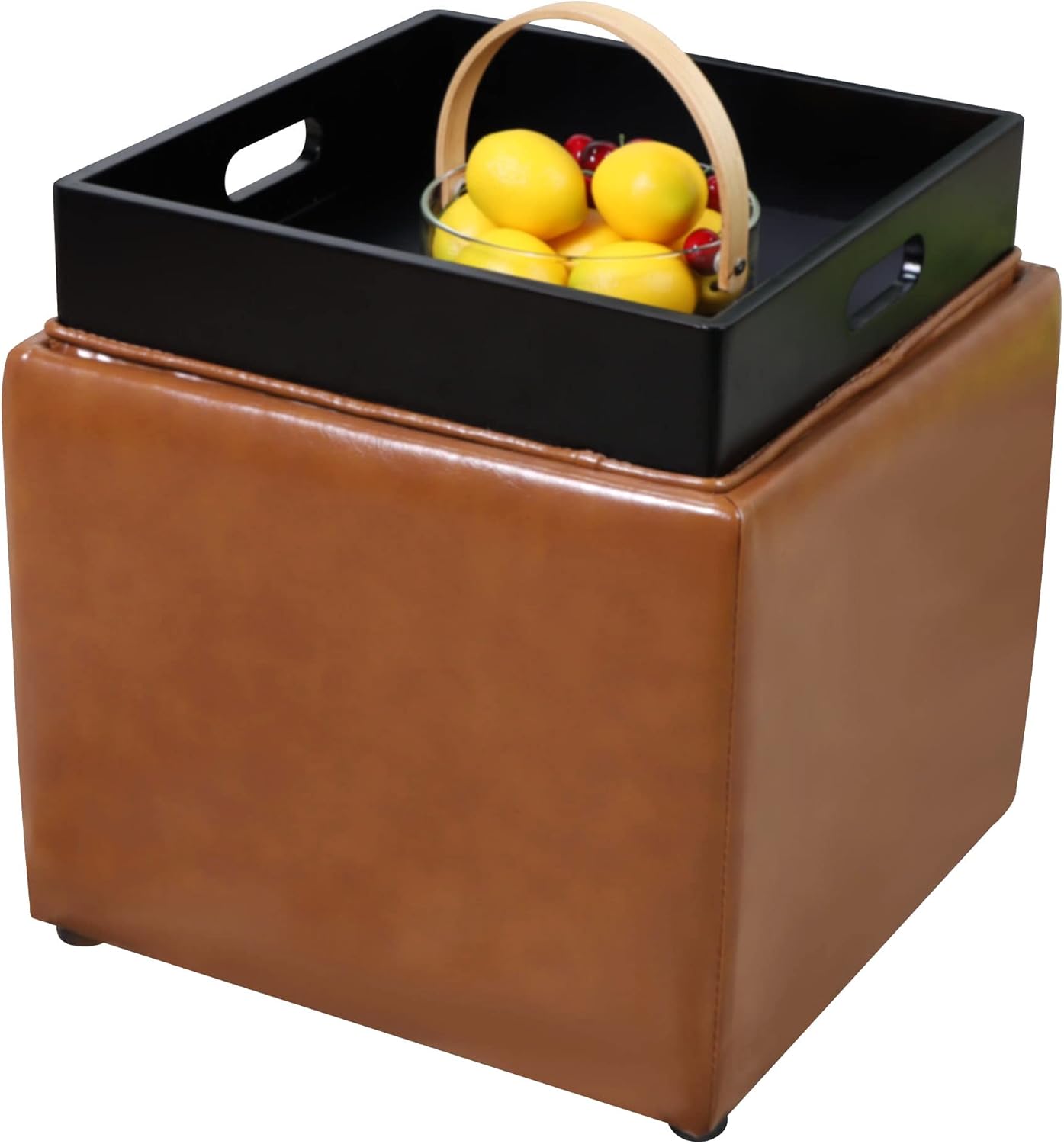 Otomana cuadrada de almacenamiento con bandeja de piel sintética tapizada reposapiés taburete silla asiento como mesa auxiliar lateral para sala de