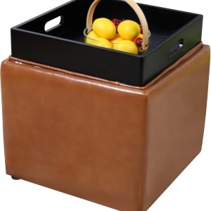 Otomana cuadrada de almacenamiento con bandeja de piel sintética tapizada reposapiés taburete silla asiento como mesa auxiliar lateral para sala de Otomana cuadrada de almacenamiento con bandeja de piel sintética tapizada reposapiés taburete silla asiento como mesa auxiliar lateral para sala de