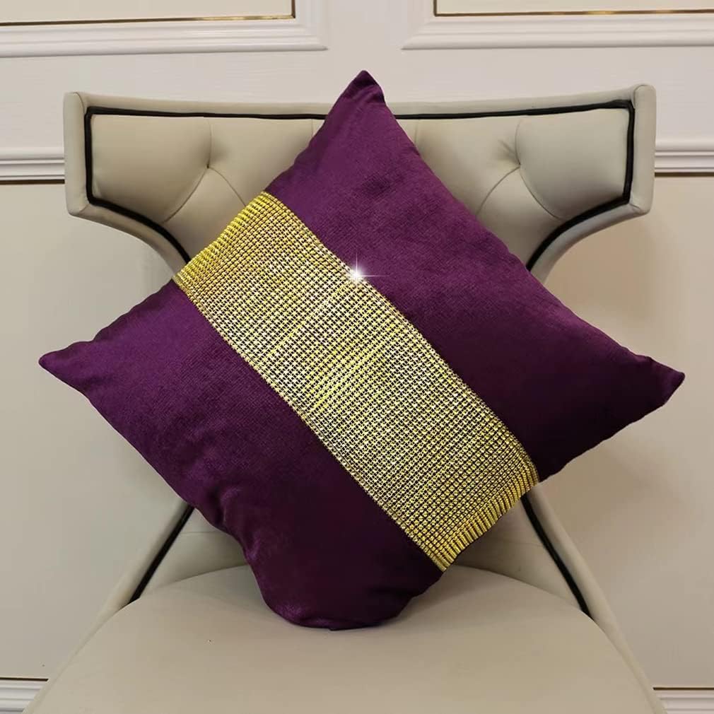 Juego de 2 fundas de almohada de diamantes de imitación con lentejuelas doradas, fundas de almohada moradas para cabello y piel de 18 x 18 pulgadas,
