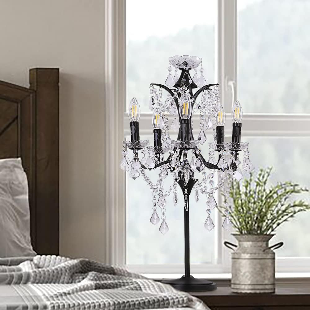 TOCHIC Lámpara de mesa de cristal tradicional de 5 luces, candelabro negro para manualidades, 30 pulgadas de alto para sala de estar, sala de