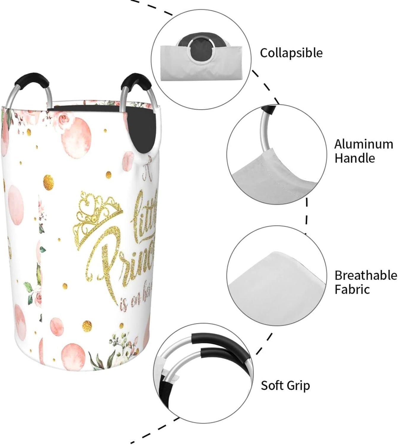 Cesta de ropa plegable duradera para ropa sucia, organizador de ropa sucia, corona dorada, rubor, rosa, floral, princesa, bebé niña