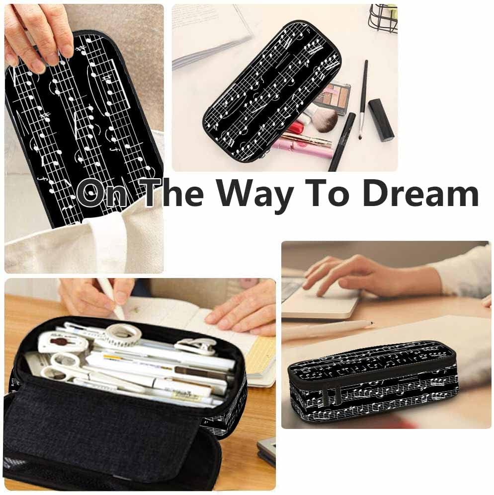 Estuche para lápices de notas musicales, gran capacidad, bolsa de maquillaje para oficina, universidad, color blanco y negro